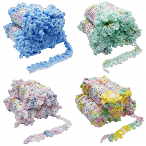 5 x 100 Gramm Alize Puffy Color Strickwolle, 500 Gramm Fingerstrick - Wolle mehrfarbig, Schlaufenwolle